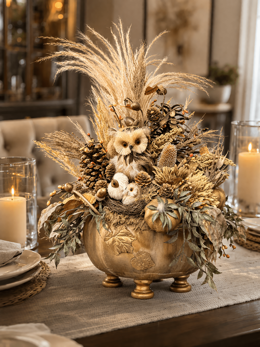 Rustic Fall Owl Centerpiece – Handmade Autumn Table Decor with Pumpkins, Pinecones & Neutral Florals - Image 5