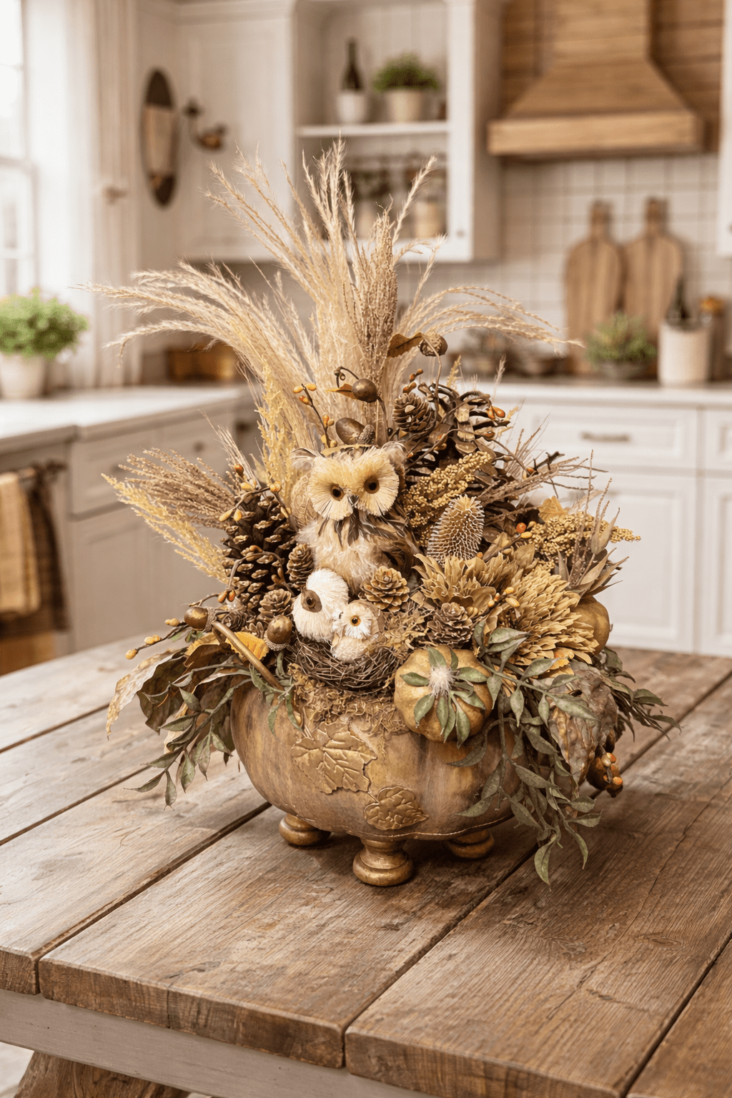 Rustic Fall Owl Centerpiece – Handmade Autumn Table Decor with Pumpkins, Pinecones & Neutral Florals - Image 4