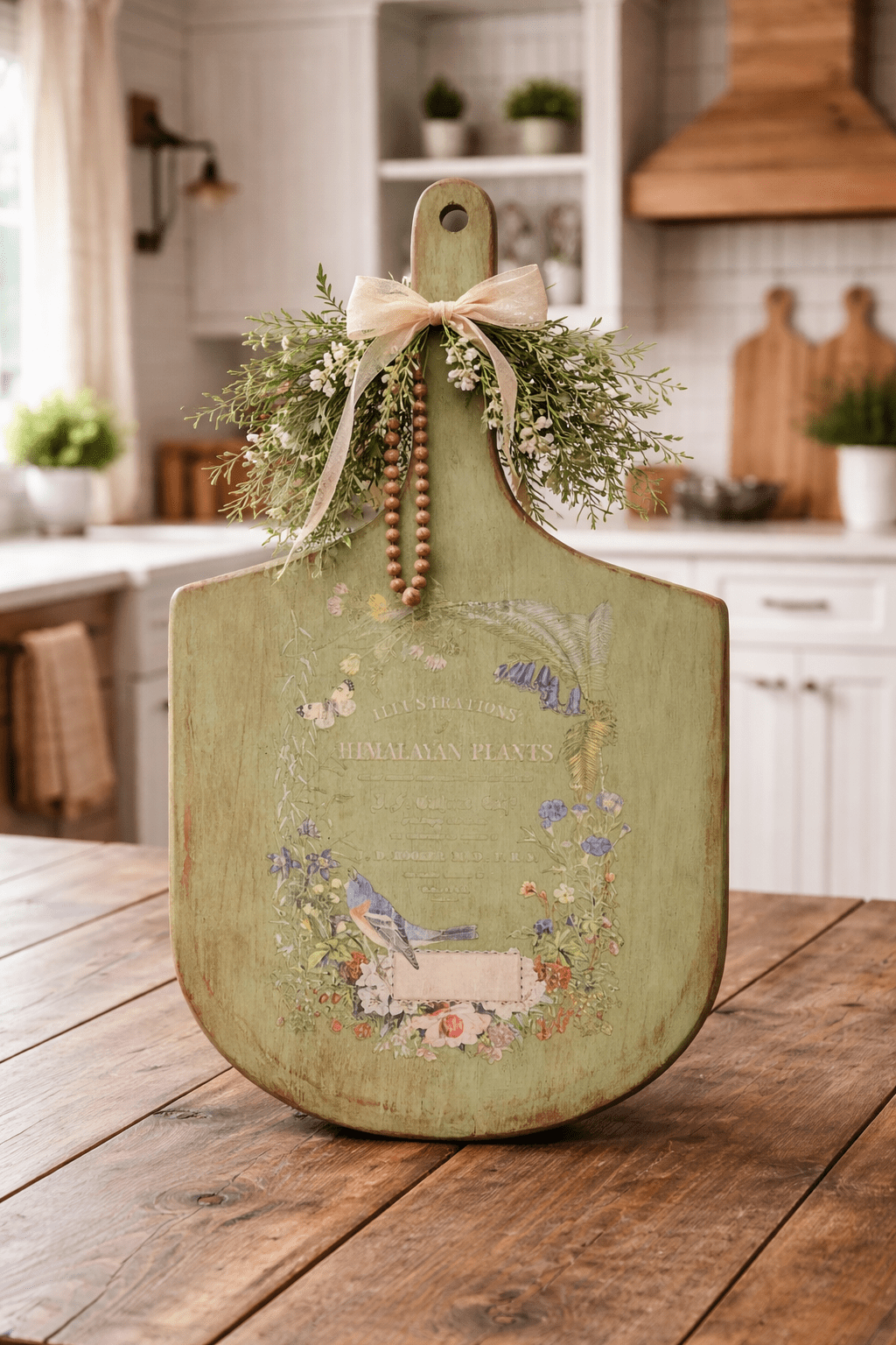 Antique Wood Pizza Board with Handle – Rustic Botanical Decor - Image 2