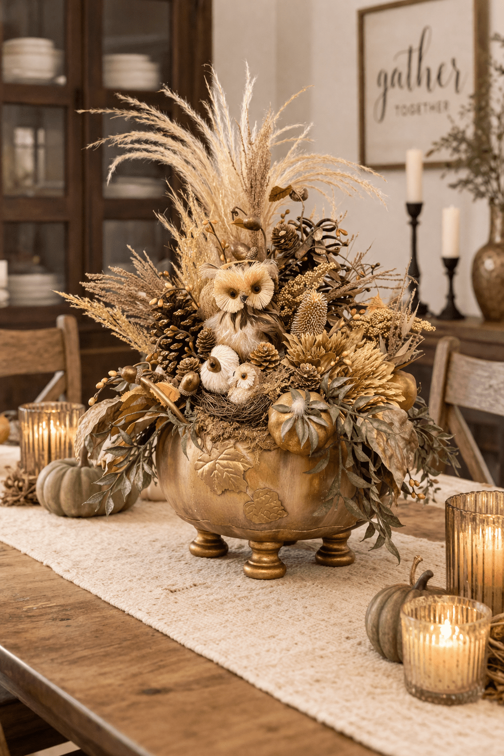 Rustic Fall Owl Centerpiece – Handmade Autumn Table Decor with Pumpkins, Pinecones & Neutral Florals - Image 2