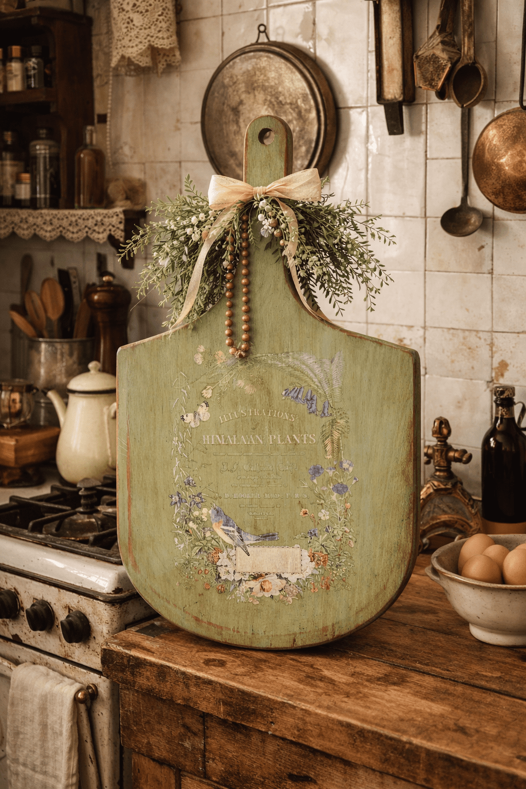 Antique Wood Pizza Board with Handle – Rustic Botanical Decor - Image 3