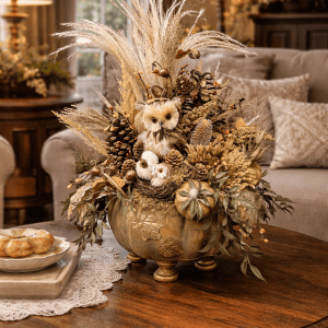 Rustic Fall Owl Centerpiece – Handmade Autumn Table Decor with Pumpkins, Pinecones & Neutral Florals