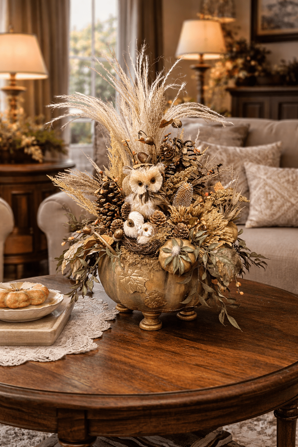 Rustic Fall Owl Centerpiece – Handmade Autumn Table Decor with Pumpkins, Pinecones & Neutral Florals
