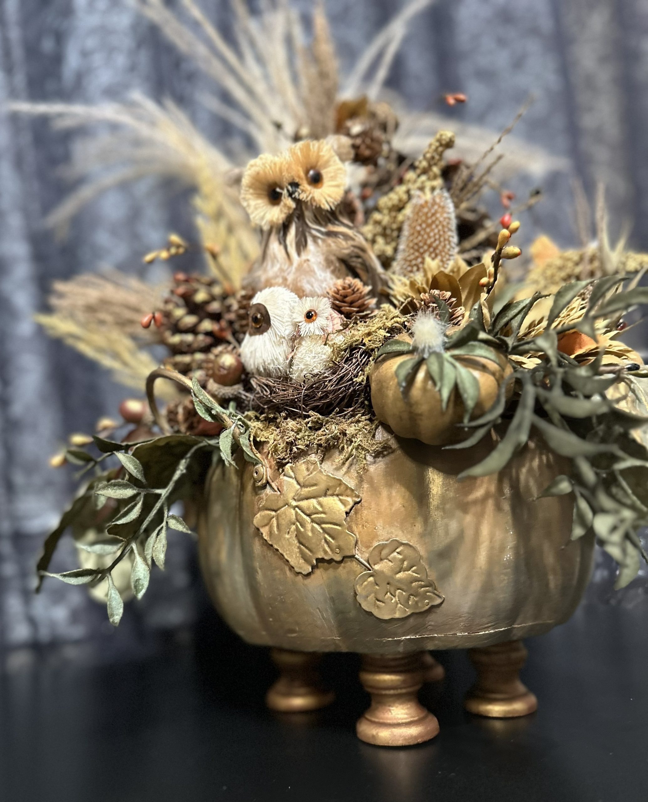 Rustic Fall Owl Centerpiece – Handmade Autumn Table Decor with Pumpkins, Pinecones & Neutral Florals - Image 3