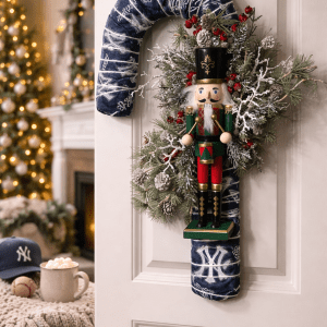 New York Yankee Candy Cane Wreath – Handmade Sports Fan Decor, Custom Team Options