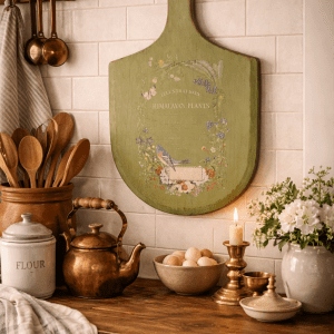 Antique Wood Pizza Board with Handle – Rustic Botanical Decor