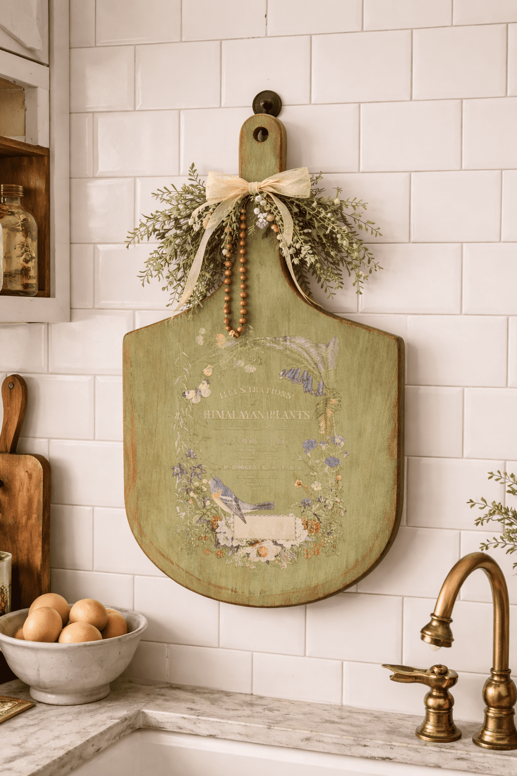 Antique Wood Pizza Board with Handle – Rustic Botanical Decor - Image 4