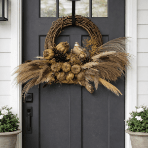 Rustic Fall Wreath – Handmade Neutral Autumn Door Decor with Dried Florals and Bird Accent